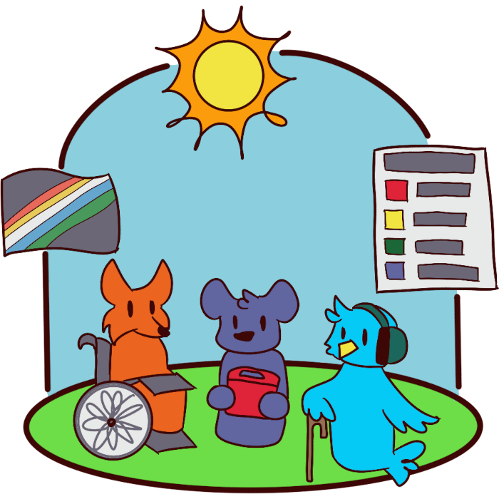 a fox in a wheelchair with tray, a koala with an AAC, and a bird with ear defenders and a cane stand on a green ellipse. a blue sky is above them, surrounded by a disability flag, a sun, and a colorful checklist. end id.
